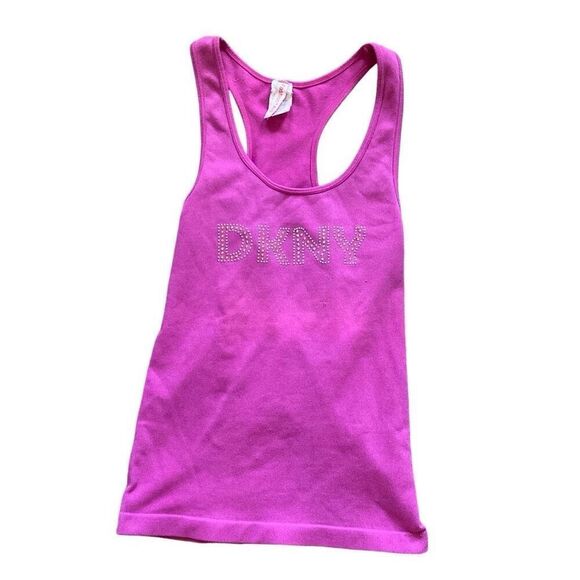 Y2K DKNY Logo Bedazzled Pink Racerback Ribbed Tank Top Size XS / Small - Picture 1 of 5